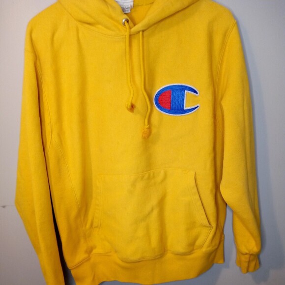 Vintage‎ Champion Logo Pullover Reverse Weave Yellow Hoodie M - Picture 1 of 14